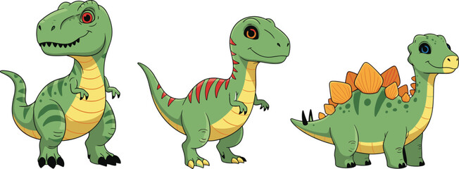 Cute cartoon dinosaur character set with different species standing poses colorful prehistoric animals vector illustration for kids © Md