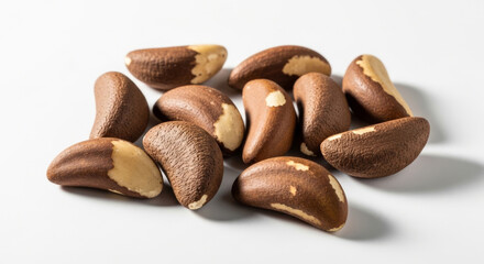 Obraz premium Close-up View of Several Brown Brazil Nuts Arranged on A White , Highlighting Their Unique Textures and Shapes Concept Delicious Food