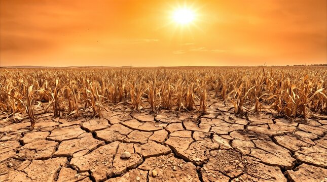 Parched agricultural field with cracked earth and withered corn stalks under an intense sun. Extreme drought conditions causing crop failure in rural landscape.