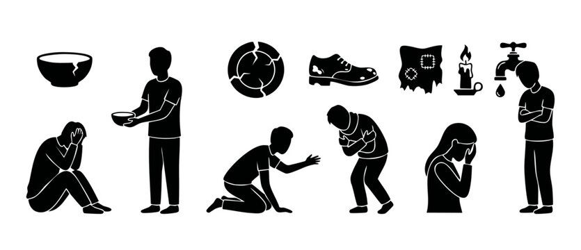 Poverty and Social Inequality Icons Set - Homeless People Struggling, Begging for Food, and Desperate Situations Conceptual Silhouette Graphics for Humanitarian Aid Awareness and Charity Projects Conc