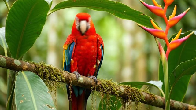 A vibrant macaw perched on a mossy branch, with colorful feathers