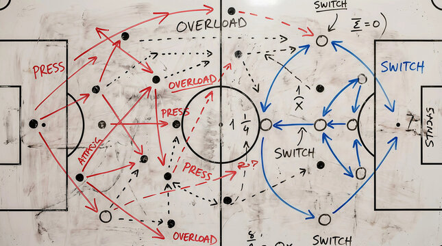 Soccer coaching whiteboard featuring hand drawn tactical strategy diagrams with arrows and instructions for match analysis and professional training