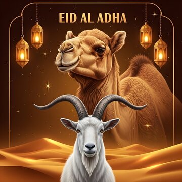 Elegant Eid Al Adha Greeting Design with Camel, Goat, and Golden Lanterns