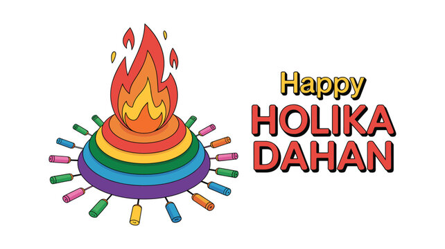 Vibrant holika dahan bonfire with colorful flames and text keywords