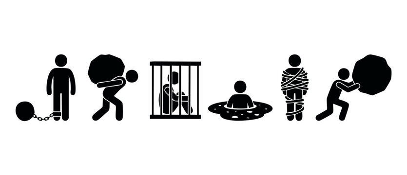 Human Struggle Icons Set, People Facing Difficult Challenges and Life Burdens, Depicting Depression, Captivity, Stress, Heavy Workload, Isolation, and Mental Health Obstacles in Minimalist Vector Styl