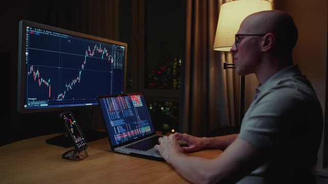 Trader man works at home using workstation and analysis stock chart. Workplace of crypto exchange broker. Global financial markets, business strategy, currency btc, investing. Laptop screen display