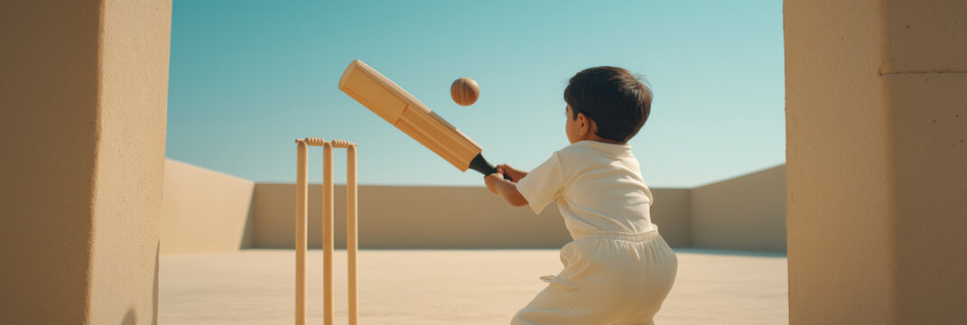 Boy plays cricket in an outdoor setting under a clear blue sky during the day in a vacant area