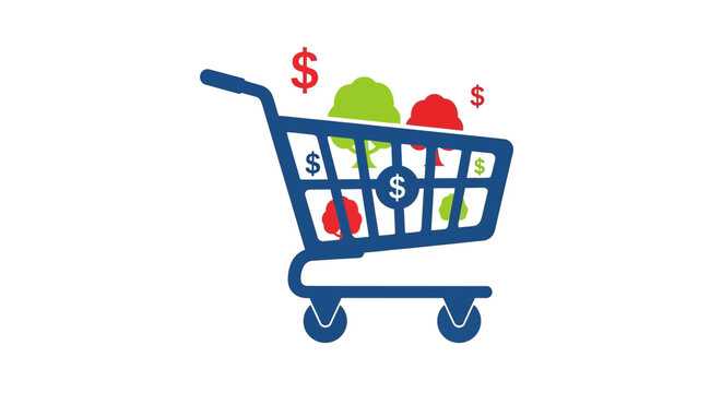 shopping cart filled with fruits and dollar signs silhouette high quality professional detailed modern elegant stylish clean crisp vibrant colorful digital