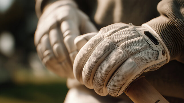 Close up of hands wearing gloves holding a bat during a training session at a baseball field in the afternoon