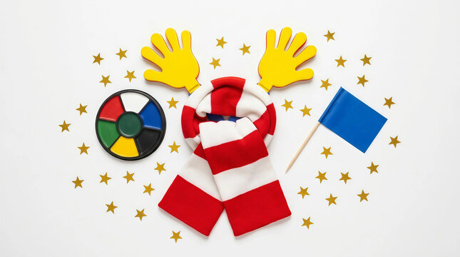 Sports fan cheering gear flat lay featuring red and white scarf yellow clappers blue flag and face paint palette with gold stars on white surface