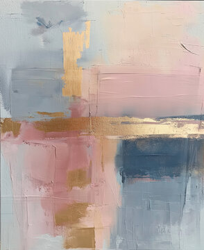 Abstract art piece with soft colors and gold accents displayed in a bright room, wall art poster