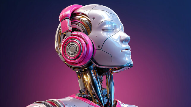 Robotic figure with pink headphones enjoys music in a vibrant setting during a tech exhibition