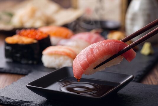 Otoro nigiri sushi held with chopsticks dipping into soy sauce, premium Japanese cuisine close up