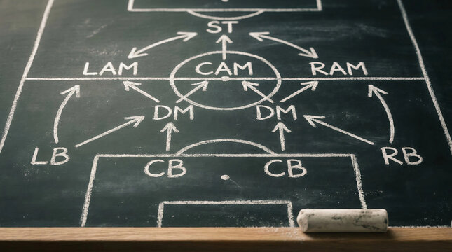 Detailed soccer formation and tactical strategy drawn on a chalkboard with white chalk showing player positions like striker midfielder and defender