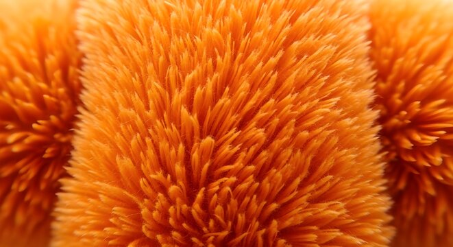 Closeup of orange fluffy material with soft textured fibers isolated on white background