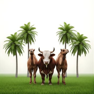 Eid al-Adha Sacrificial Animals: Bull and Camels in Green Field with Palm Trees