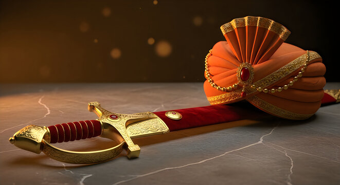 Traditional indian royal turban and antique sword resting on a table in a warm dimly lit room