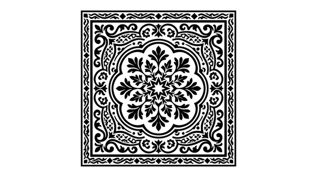 Vector silhouette of ornate floral tile pattern with symmetrical scrollwork, decorative heritage art