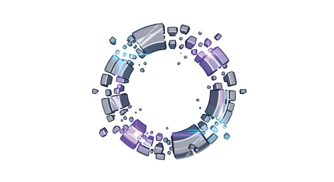 A circular ring composed of shattered gray stone fragments floats in a white space while glowing with intense internal blue light in a digital art style.