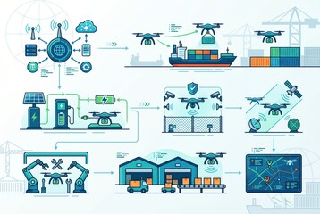 Naklejka premium Innovative Drone Logistics Ecosystem Enhancing Sustainability Through Autonomous Operations Connected to Smart Technology and Streamlined Supply Chain Management