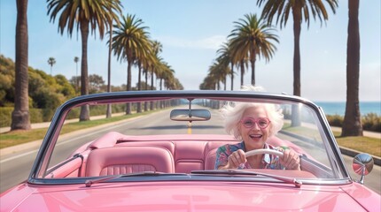 Obraz premium Mature lady enjoying road trip in pink convertible car along palm tree lined street. Sunny vacation and retirement lifestyle concept.