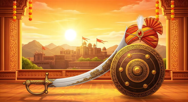Traditional indian rajput sword and shield with a decorative turban in front of a majestic historic castle at sunset