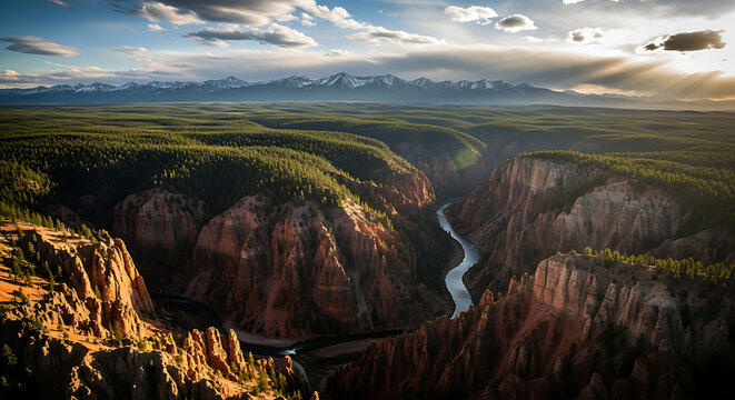 Stunning Aerial View of a Winding River Through a Deep Canyon at Sunset