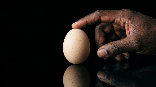 A close up view of a dark skin tone hand holding a single brown farm fresh egg balanced perfectly against a deep minimalist solid black background light