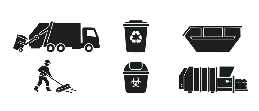 Waste Management Icon Set: Garbage Truck, Recycle Bin, Skip Container, Street Cleaner, Biohazard Trash and Industrial Compactor for Environmental Protection and Sustainability Concepts in Minimalist D