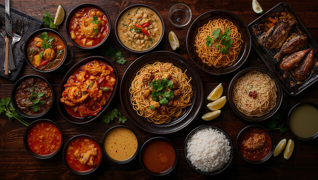 Assorted traditional indian curry dishes with main course with food photography with tasty food with hot food with meal time with food variety