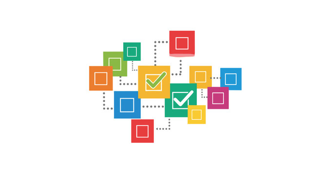 A complex network of colorful square icons linked by dotted lines appears on a plain white background to illustrate various tasks and connection points.