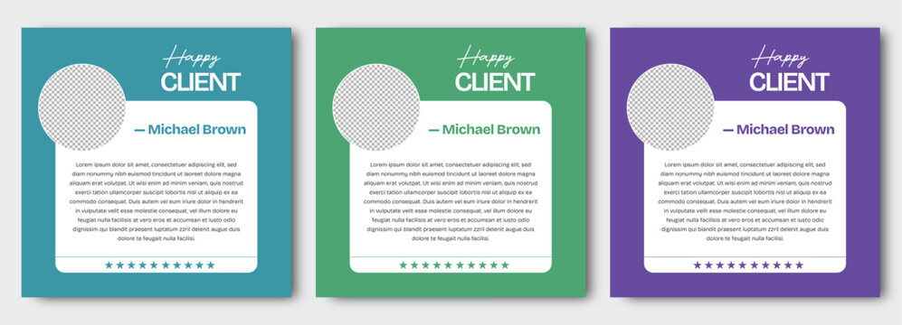 happy client testimonial template with profile circle and star rating, modern business review layout with clean card design in blue green purple colors for feedback 
