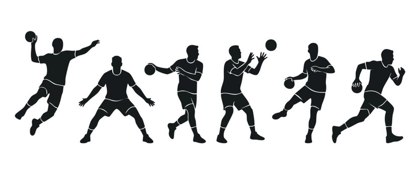Handball Players Silhouette Set Isolated on White Background, Athletic Athletes Playing Professional Team Sport Competition with Ball, Active Dynamic Poses for Training, Coaching, and Sports Infograph