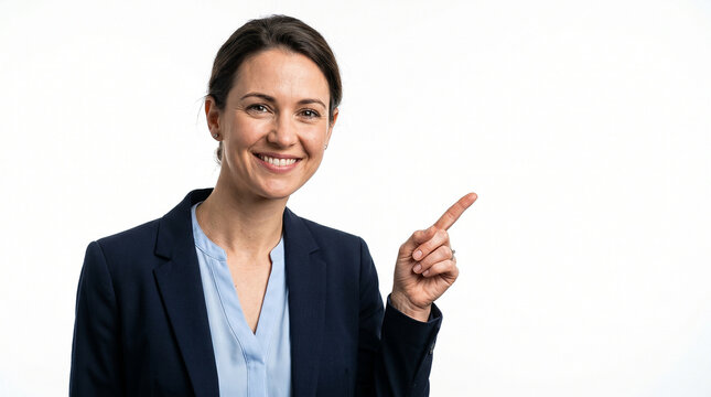 Photograph of a smiling woman with brown hair, wearing a navy blazer over a light blue shirt, pointing with her right index finger against a plain white background.