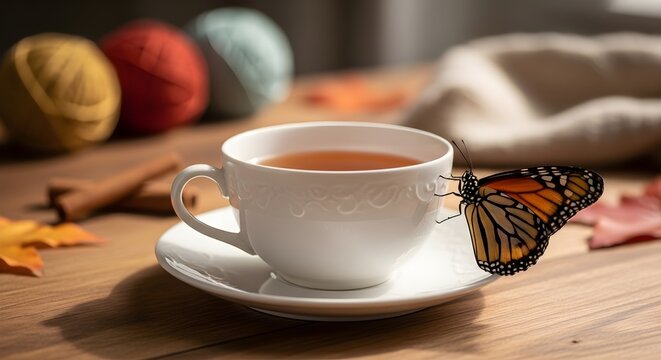 Monarch Butterfly Lands on a Cup of Tea with Autumn Leaves and Yarn