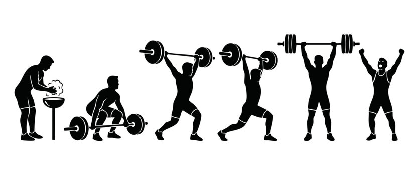 Weightlifting progression silhouette, heavy barbell training process, professional olympic clean and jerk technique for fitness, strength workout routine, gym athlete lifting motivation isolated on wh