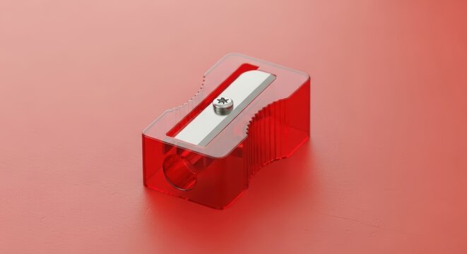 Transparent red plastic manual pencil sharpener isolated on solid red background studio shot