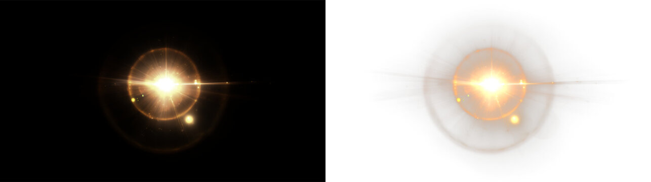 Golden warm light orb with soft circular lens flare isolated on transparent and black background, for creative visual projects, light overlay, PNG
