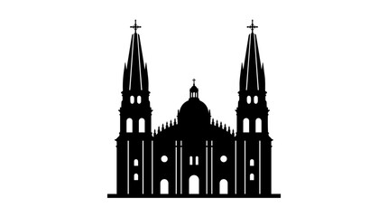 Obraz premium Vector silhouette of cathedral with twin spires and central dome, Gothic European architectural landmark art