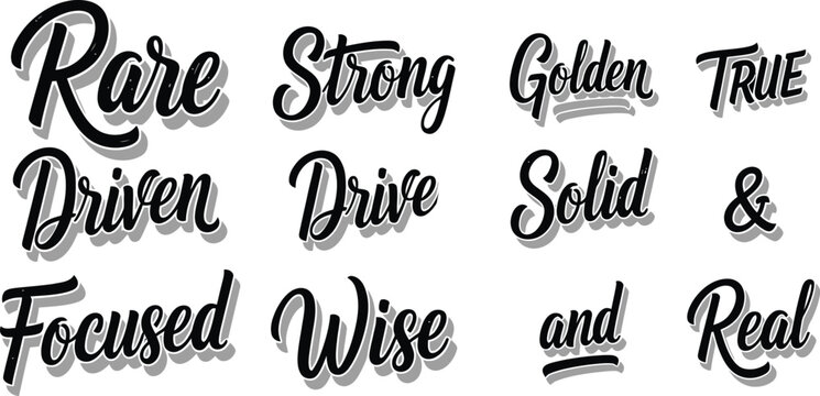 Collection of handwritten words with shadow effects in black and white