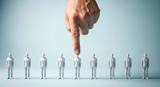 Human finger pointing at a row of white human figurines selecting choosing picking
