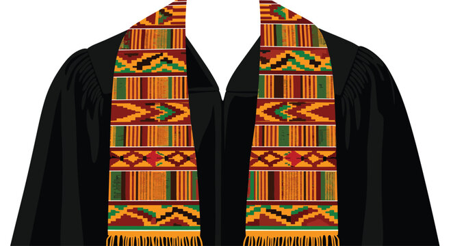 An academic graduation stole with ornate woven tribal patterns in warm earth tones draped over a classic black robe against a plain white background with soft studio lighting.