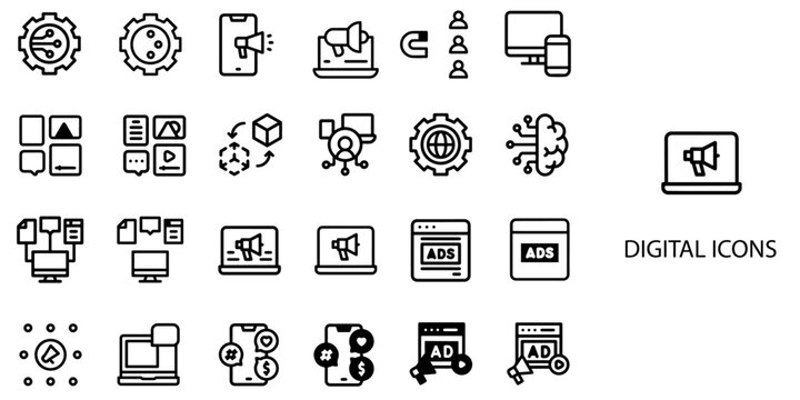 Digital simple concept 24 icons set. Vector illustration.