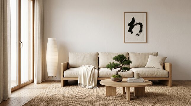 Japandi Style Living Room Interior with Wooden Sofa and Bonsai