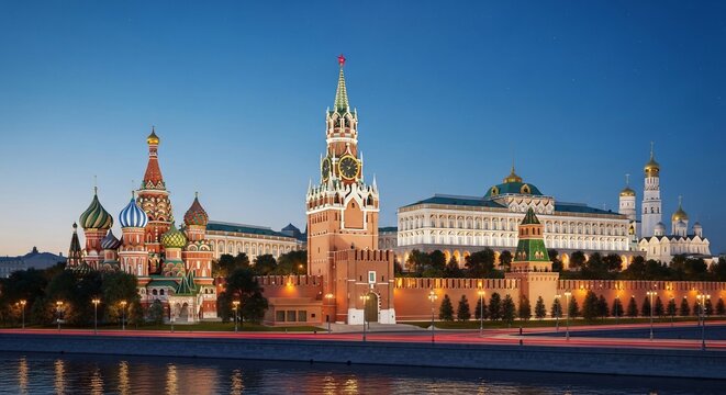 The Kremlin and Red Square in Moscow at dusk with colorful domes and towers illuminated against a clear blue sky