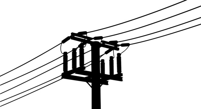 Silhouette of electrical power pole and utility lines on white background