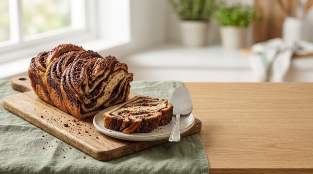 Chocolate babka loaf with rich cocoa swirls on a wooden board. Sliced sweet braided bread on a plate in a bright kitchen setting. Traditional Eastern European pastry