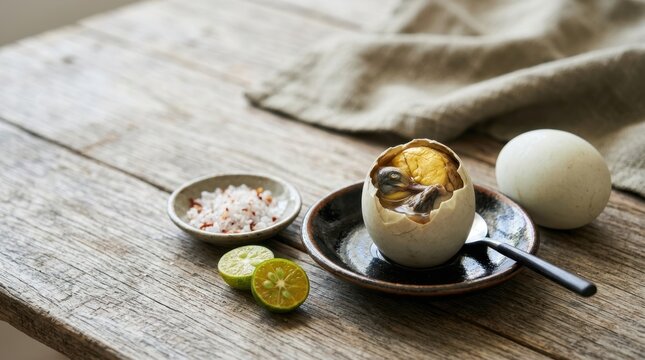 Traditional Filipino balut fertilized duck egg in a bowl. Exotic street food delicacy with salt and calamansi on a wooden table