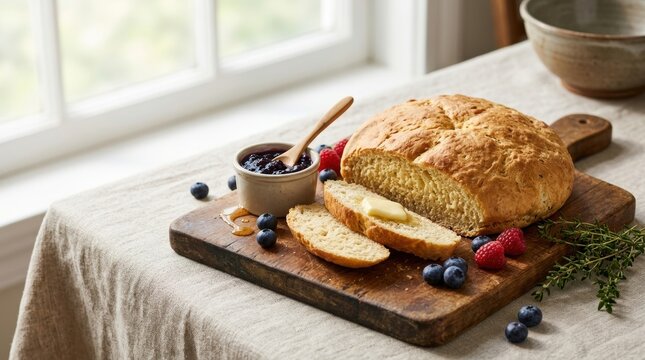 Homemade bannock bread on a wooden cutting board with butter and jam. Traditional round loaf with fresh berries and herbs. Rustic breakfast scene by a window