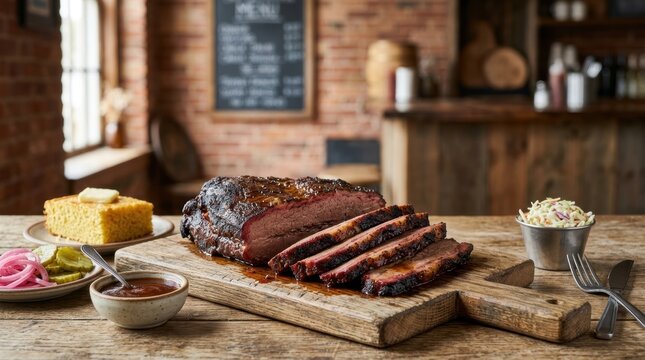 Sliced smoked beef brisket on a wooden board with cornbread and pickles. Traditional American Texas style barbecue. Rustic smokehouse background